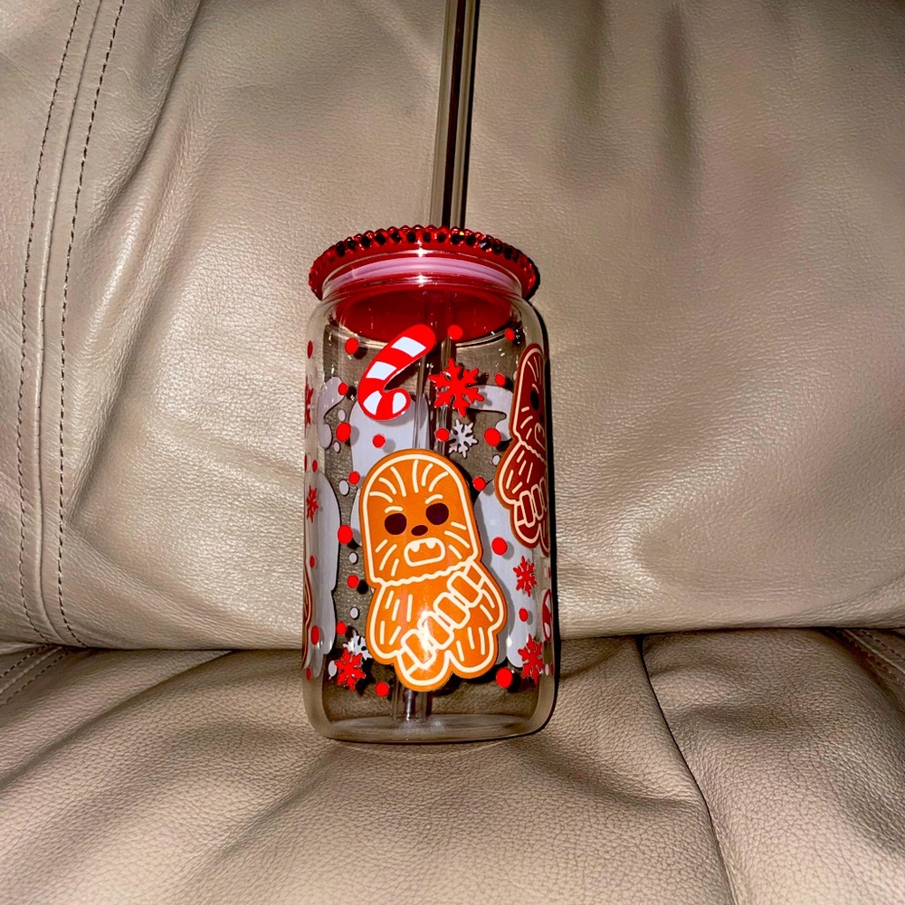 Holiday Themed Tumbler with Straw Chewbacca Starwars Christmas Gingerbread Cute